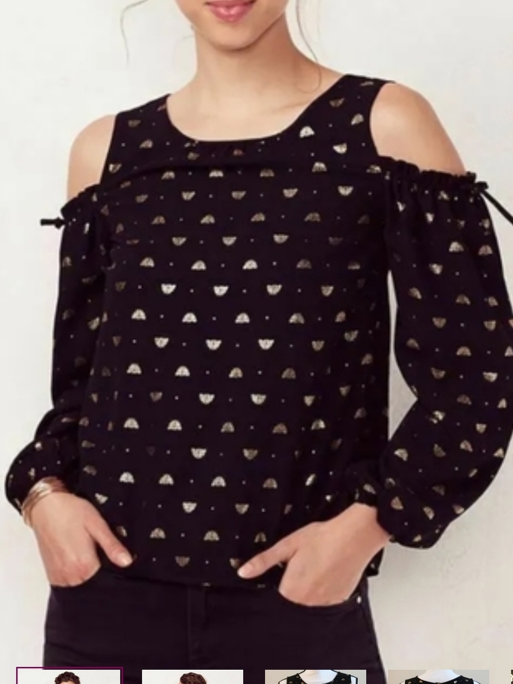 LC Lauren Conrad Black Cold-Shoulder Blouse with Gold Print